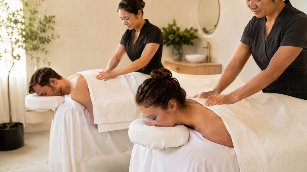 Couple receiving side-by-side massages in a relaxing spa room